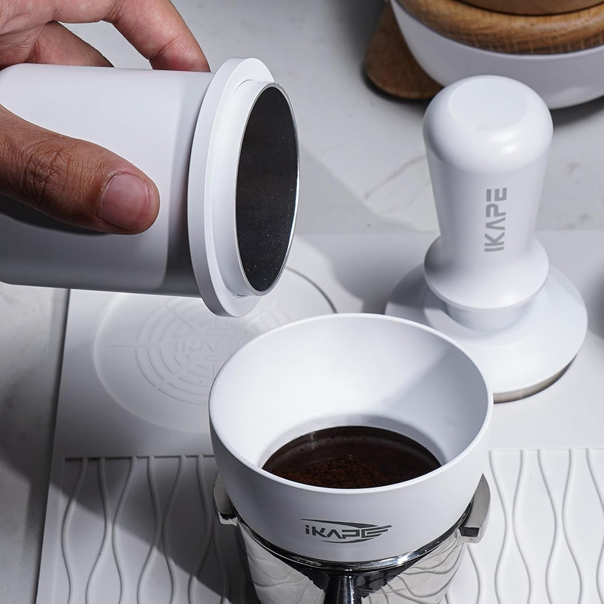 Ikape 58.5mm Espresso Tamper, Premium Barista Coffee Tamper with Calibrated Spring Loaded, 100% Stainless Steel Base Tamper (White)