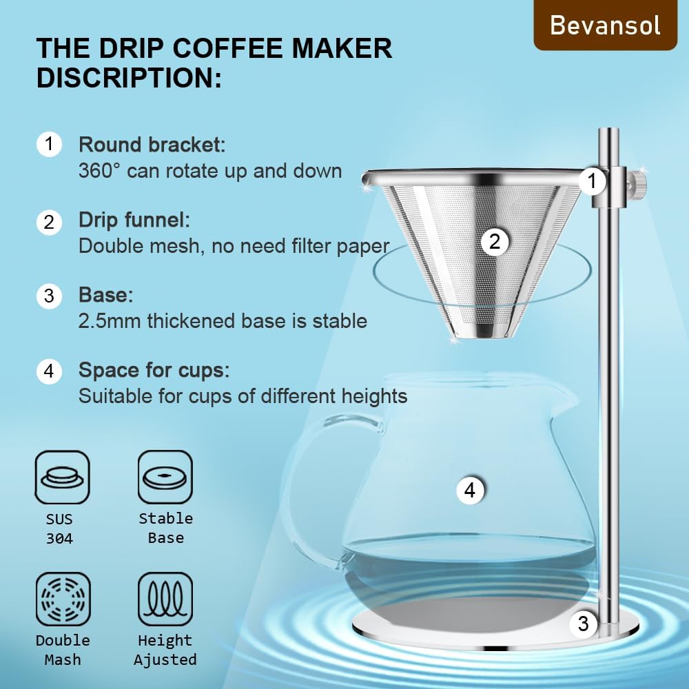 Stainless Steel Pour Over Coffee Maker, Adjustable Stand, Double-layer Filter
