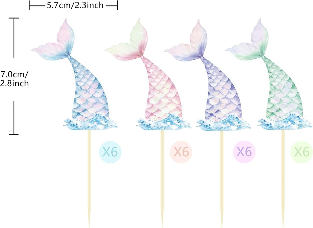 24 Pieces Mermaid Tail Cupcake Toppers Under the Sea Cake Decorations Picks for Mermaid theme Birthday Party Decoration Baby Shower Supplies (Mermaid