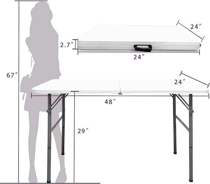 Gocamptoo Folding Table,4ft Indoor Outdoor Heavy Duty Portable Folding Square Plastic Dining Table w/Handle, Lock for Picnic, Party, Camping (4 FT) …