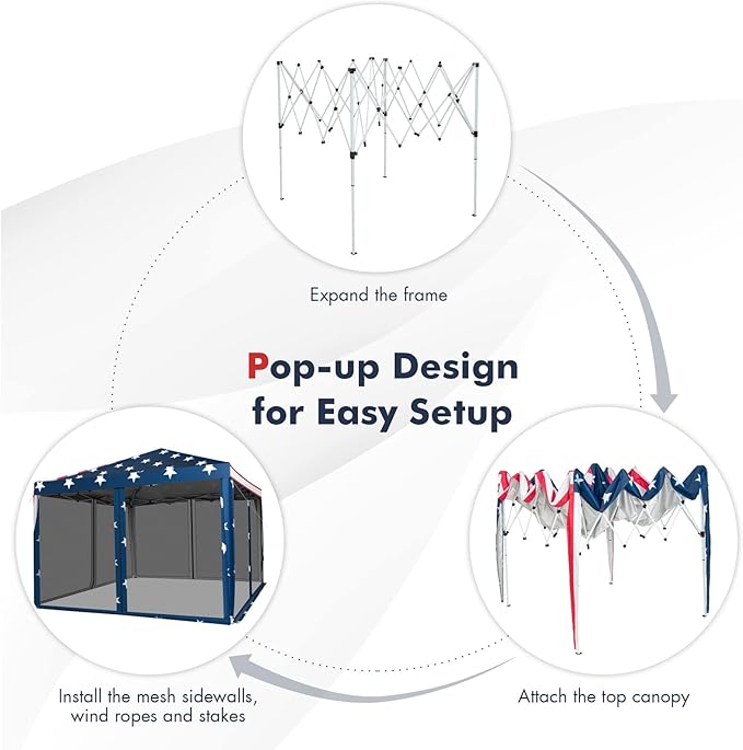 Tangkula 10x10 Ft Pop Up Canopy with Netting, Easy Up Canopy with Mesh Sidewalls, Carrying Bag, Adjustable Height, American Flag Outdoor Canopy with 100 Square Feet of Shade for Backyard, Lawn