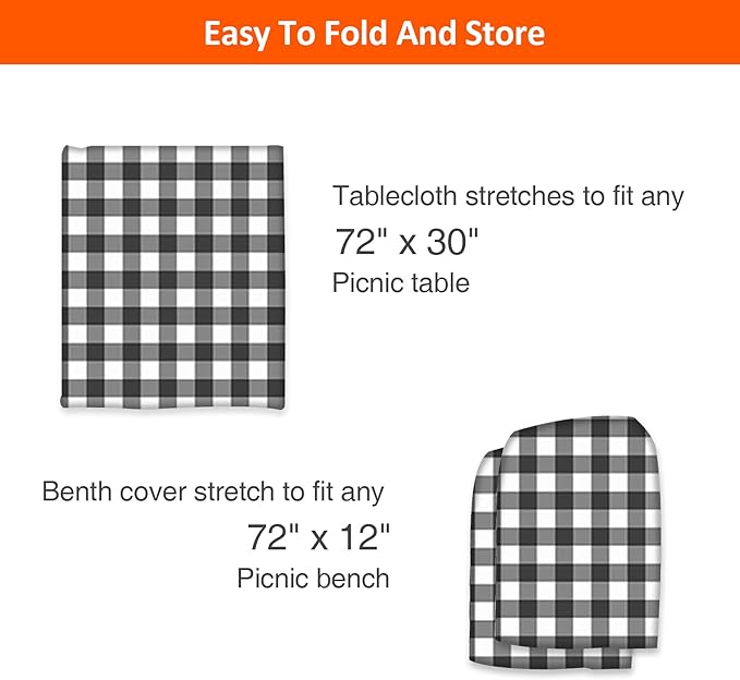6ft Picnic Table and Bench Cover, Camping Essentials RV Gear, 72in Waterproof Windproof Outdoor Elastic All Around Tablecloth, Fitted Rectangle Tables and Seats, Black-White Checkered