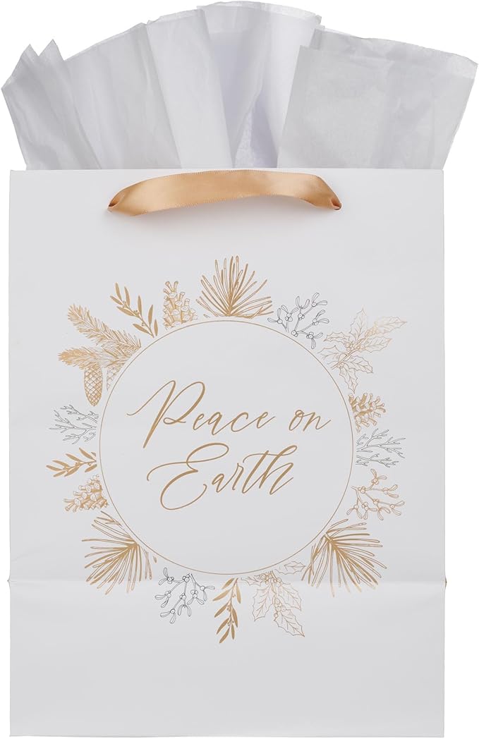 Christian Art Gifts Large Portrait Inspirational Christmas Gift Bag, Tag & Wrapping Tissue Paper Set for Men & Women: Peace on Earth Winter Pine Theme, Sturdy Satin Ribbon Handles, Festive White/Gold
