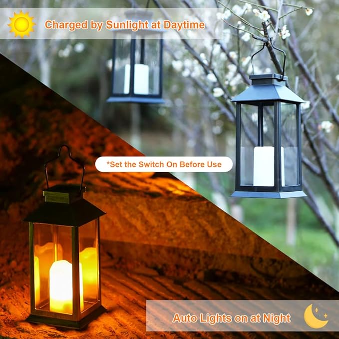 Tomshine 2 Pack Solar Lanterns, Outdoor Garden Hanging Lanterns, 11.8 Inch LED Flickering Flameless Candle Mission Lights for Yard, Table, Patio (Black)