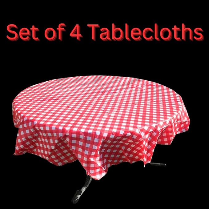 Oojami Pack of 4 Round Checkered Tablecloth - Red & White Plastic Disposable Table Covers for Parties and Events - 78" Diameter