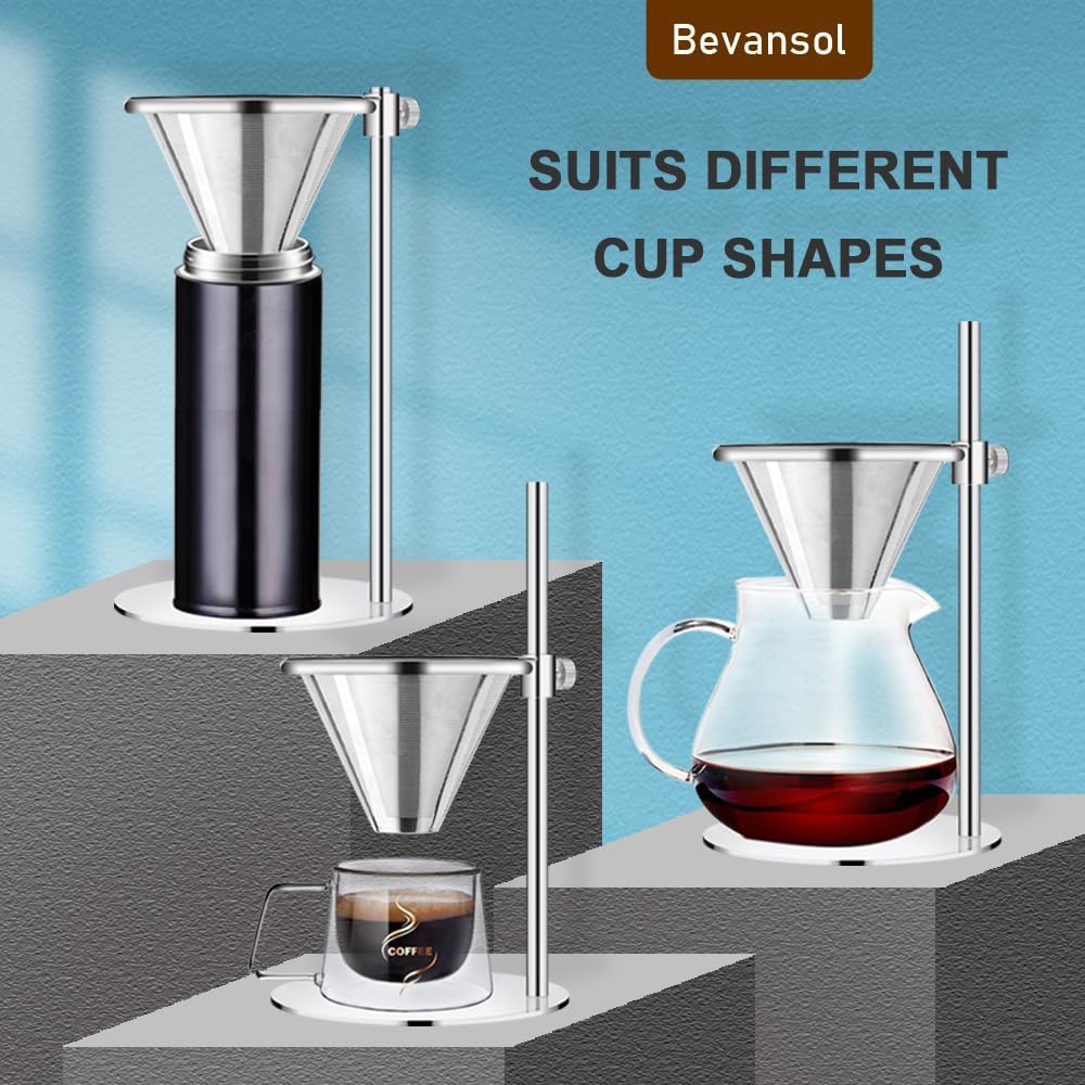 Stainless Steel Pour Over Coffee Maker, Adjustable Stand, Double-layer Filter