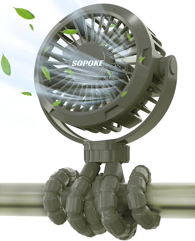 SOPOKE Mini Portable Baby Stroller Fan,3 Speed Personal Handheld Fan,Battery Operated Rechargeable 360° Flexible Tripod Cooling Fan, Suitable for Car Seat Crib Treadmill Golf Cart Travel(Green)