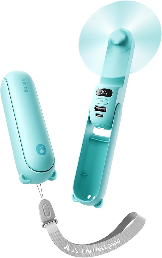 JISULIFE Handheld Travel Fan, Upgraded Mini Portable Fan with Up to 24 Working Hours for Long-term Outdoor Cooling, Combines Power Bank and Flashlight, Used for Summer, Cruise, Concert, Lash-Cyan