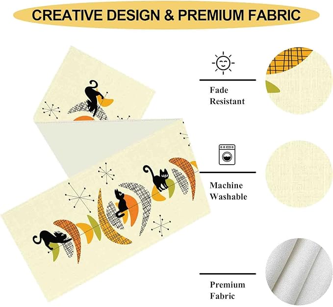 Mid Century Table Runner, Retro 1950s Black Cat Atomic Modern Abstract Coffee Table Center Decor for Home Kitchen Dining Patio Holiday Party Indoor Outdoor Table Decorations, 13"x108" Inch