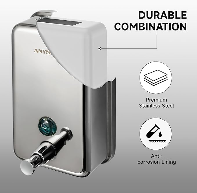 anydry Commercial Soap Dispenser Wall Mount, Polished Stianless Steel Finish Manual Liquid Soap Dispenser - 37oz (1100ml) Model AD1003