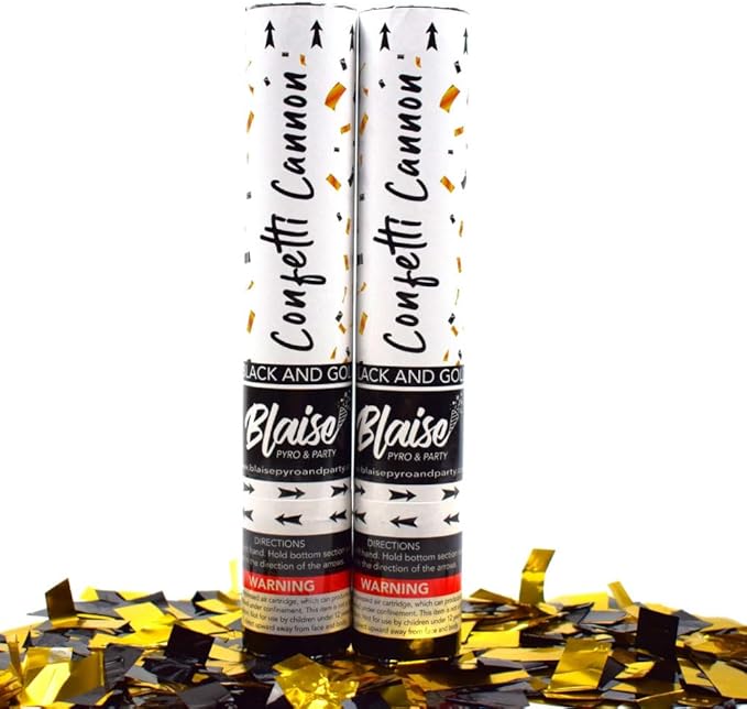 Blaise Pyro & Party Black & Gold Confetti Poppers - Easy to Use Confetti Cannons for Weddings, Birthdays, Anniversaries & More - 2 Pack, 12 Inch