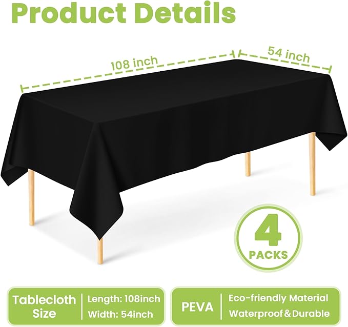 Mulbozy Black Plastic Table Cloth Disposable 4 Pack, 54 × 108 Inch Tablecloths Rectangle, Black Plastic Table Cover for Party Decor