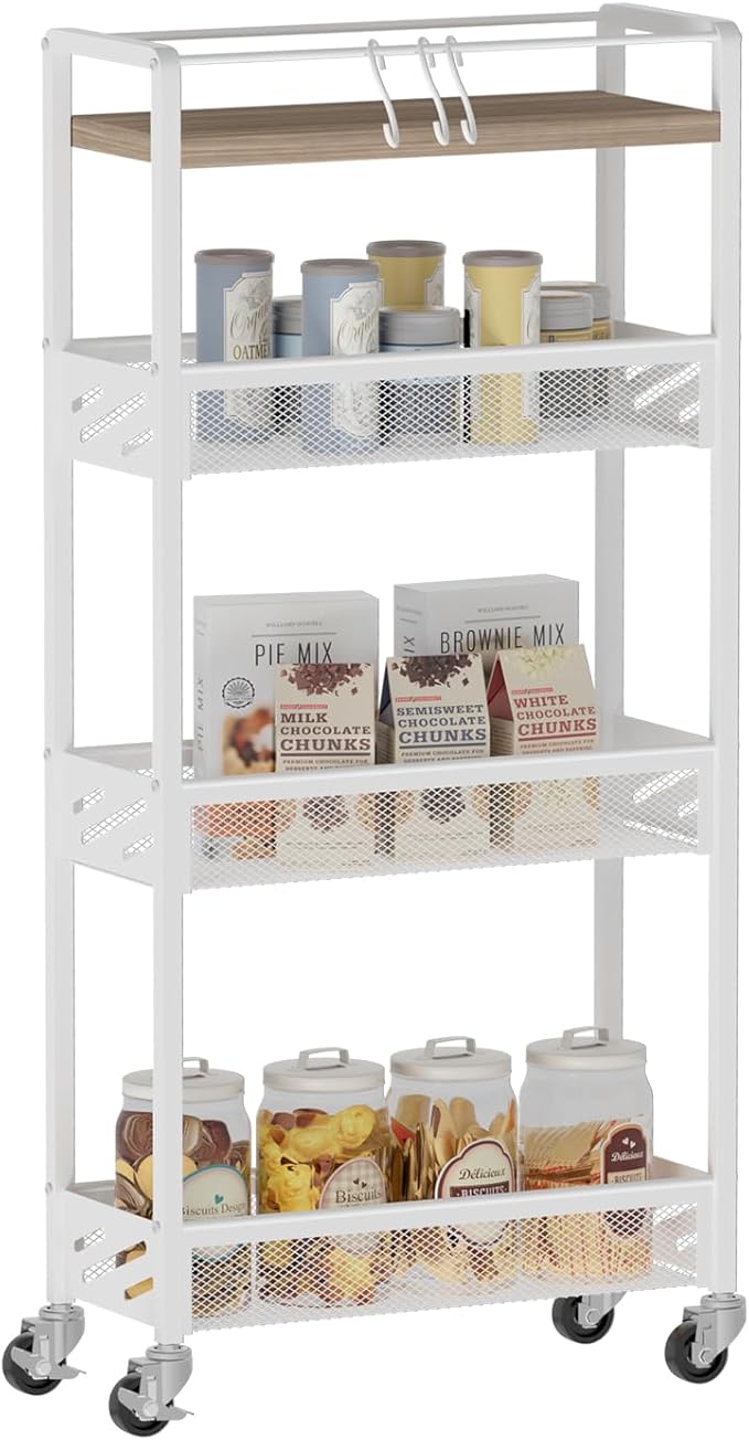 DGSNADGO Slim Rolling Storage Cart, 4-Tier Kitchen Cart on Wheels, Narrow Utility Cart with Handle and Wooden Tabletop for Small Space in Kitchen, Living Room, Bathroom, Laundry Room, Beige and White