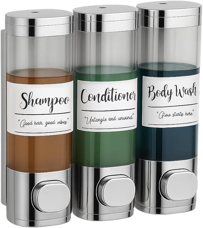 Soap Dispenser - 3 Chamber - 3x300ml - No Drill Wall Mount Bottles Organizer Toiletries for Cream Lotion Liquid Soaps Shampoo Conditioner Storage - Modern Essentials Bathroom Set - Chrome 1