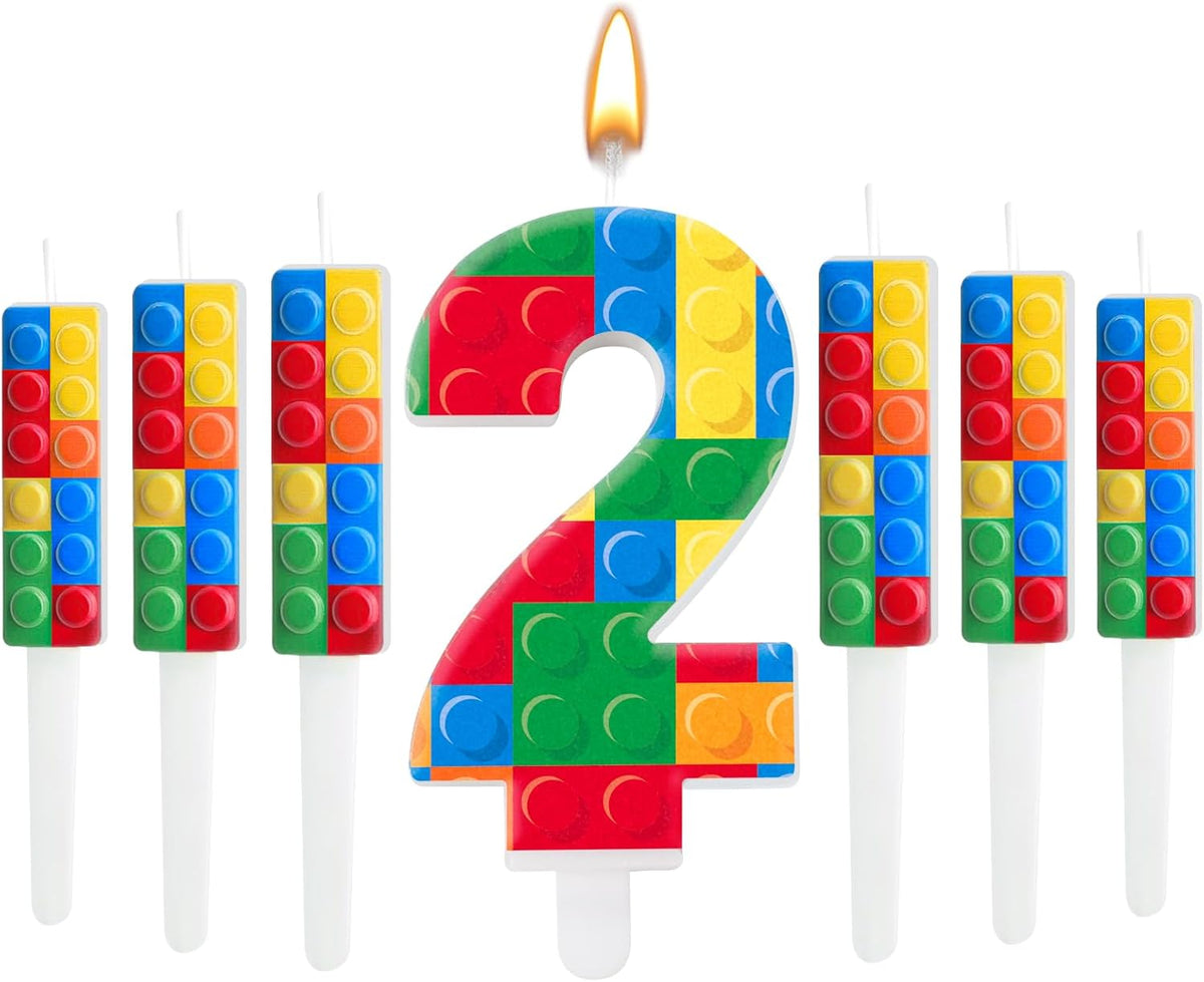 AXBMM 7 Pcs Building Block Themed Birthday Candles Set Building Blocks Number 2 Candle Cake Topper for Building Block Party Decoration Supplies (Number 2)