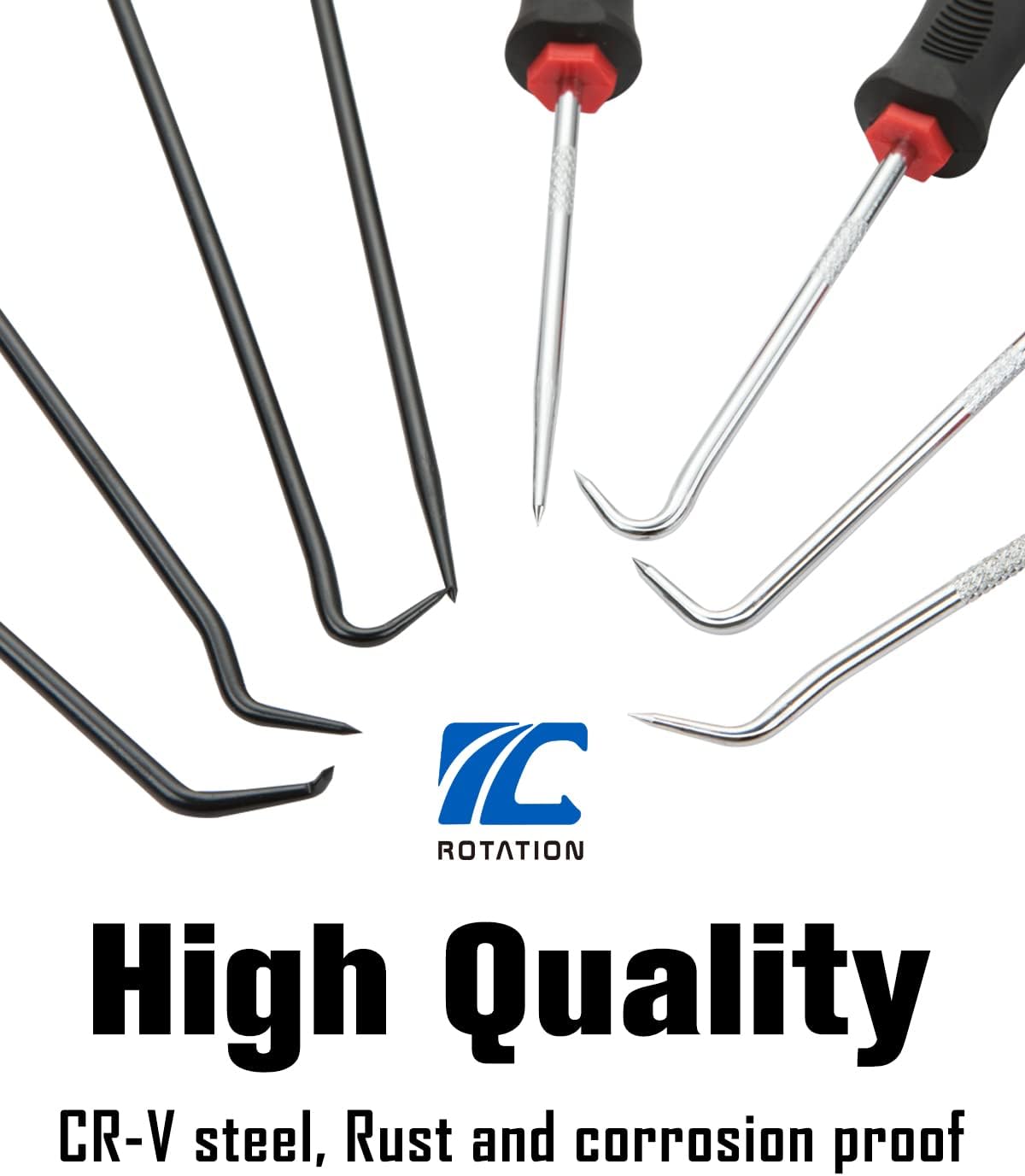 Rotation Precision Hook and Pick Set with Scraper, 9 Piece Set, Chrome Vanadium Steel Shaft, for Remove Hoses and Gaskets