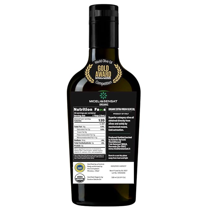 Green Robust Organic 500+ mg/kg Polyphenols Rich Italian Extra Virgin Olive Oil from Italy, 2025 Gold Award, High Antioxidants Peppery Finish