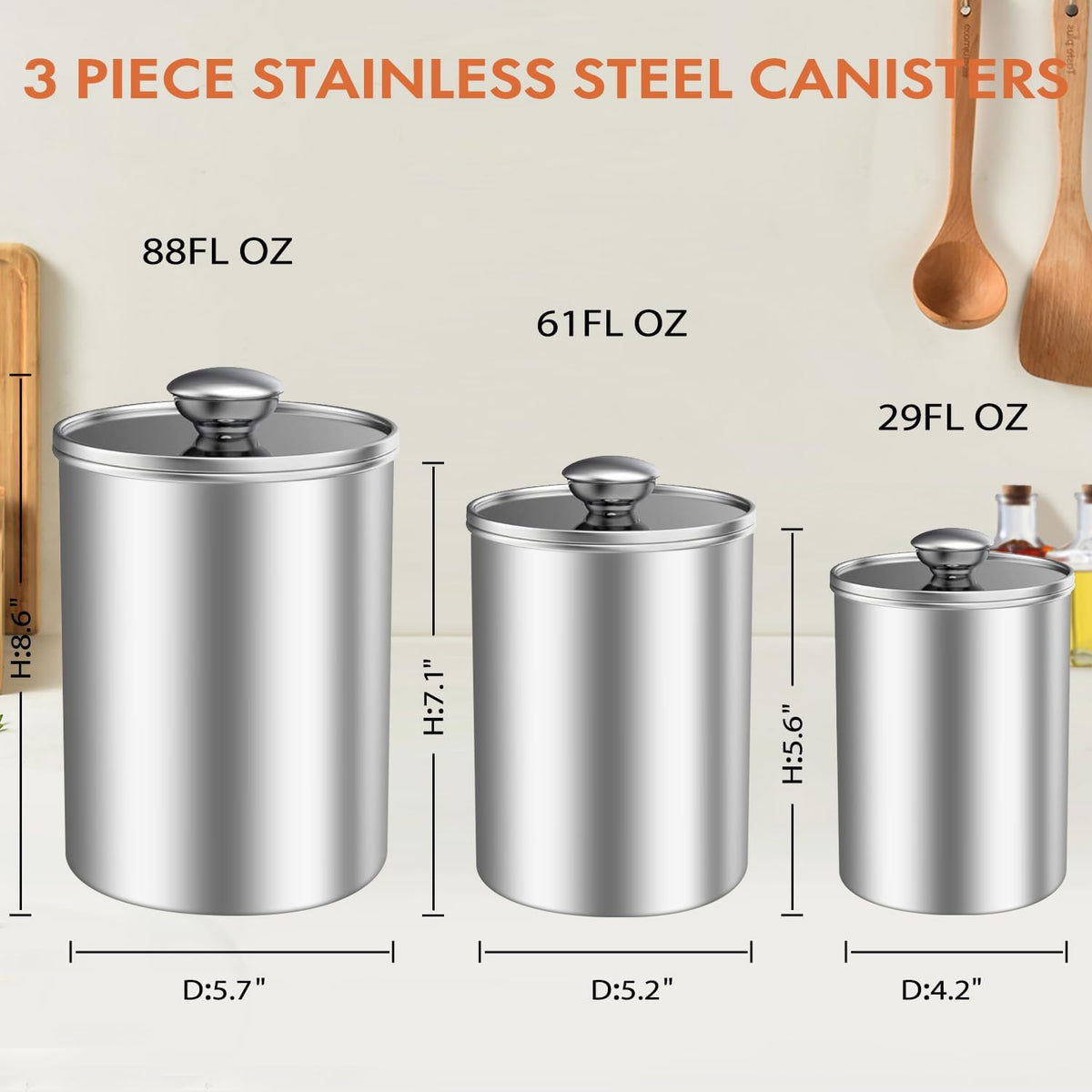 Enloy Stainless Steel Food Storage Container Set of 3, 88/61/29 oz with Clear Glass Lids - Ideal for Coffee, Tea, Sugar, Flour Canisters