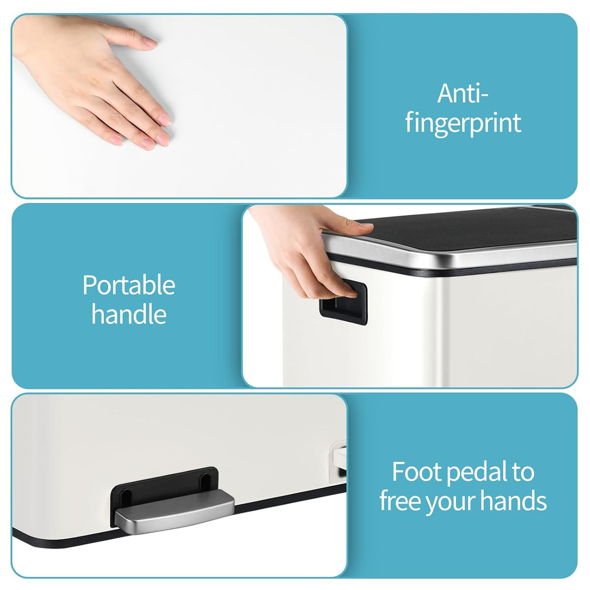 16 Gallon Rectangular Stainless Steel Trash Can, Dual Compartment Garbage Bin with Recycling Combo, Metal Dustbin Lid, Removable Liner, Indoor Hands Free Waste Bucket for Kitchen Home