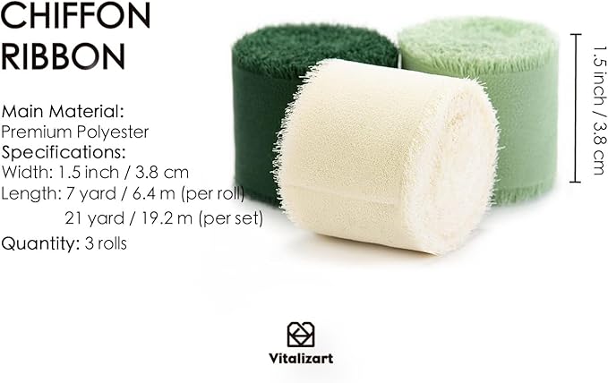 Vitalizart Handmade Chiffon Silk Ribbon Fringe Green & Cream 1.5" x 21 Yd Frayed Edges Ribbons for Wedding Invitations Bridal Bouquets Gifts Wrapping Crafts Holiday Party Decorations
