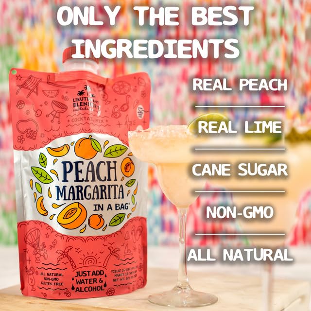 Lt. Blender's Peach Margarita in a Bag - Peach Margarita Mix - Each Bag Makes 1/2 Gallon - Non-GMO Cocktail Mix - No Blender Needed - Add Liquor