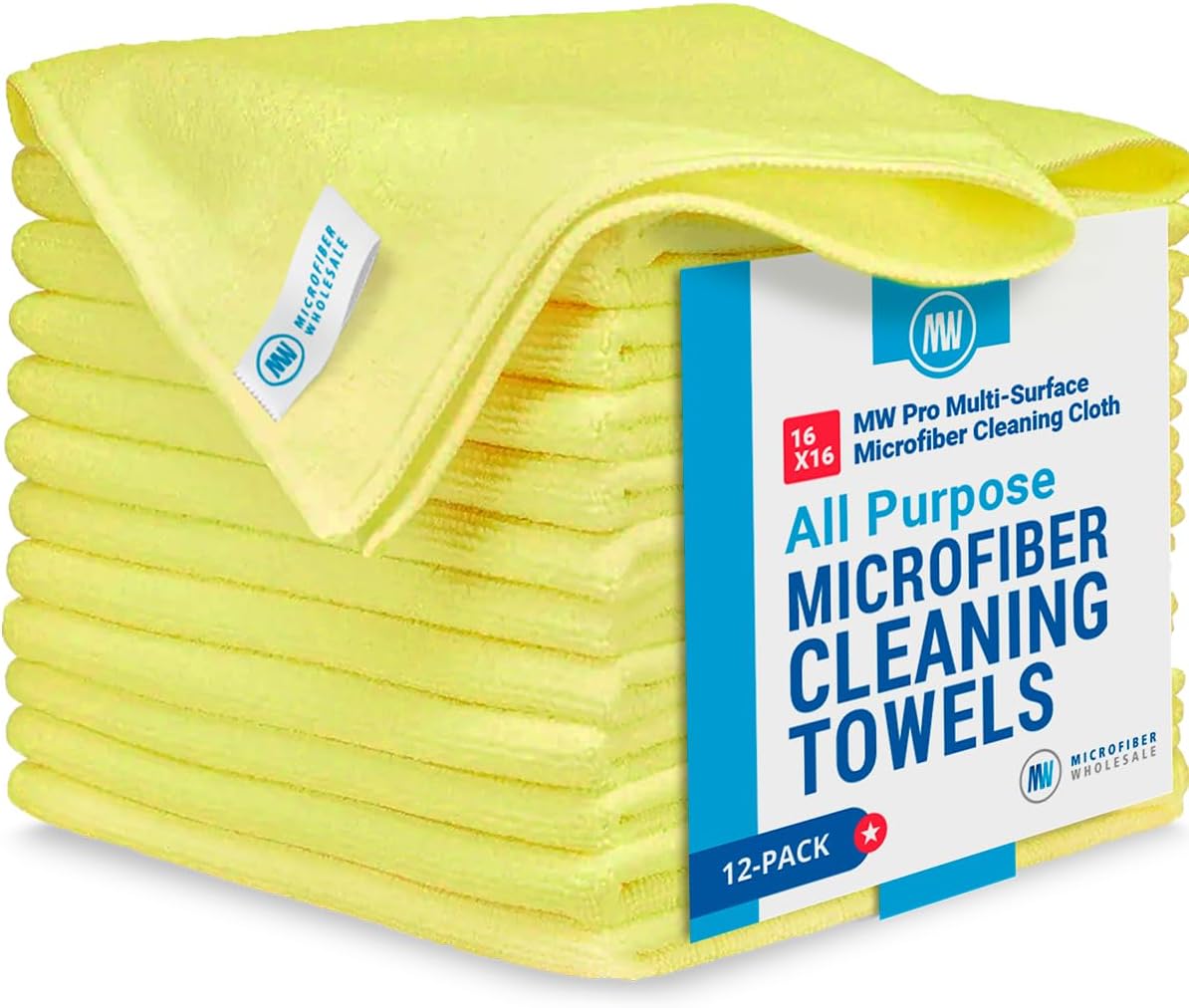 MW Pro Microfiber Cleaning Cloth, White (12 Pack), Size 16" x 16", All Purpose Microfiber Towels - Clean, Dust, Polish, Scrub, Absorbent