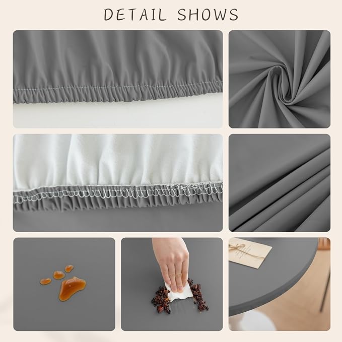 Round Fitted PU Tablecloth with High Elastic Edge 35 Inch Dia Waterproof Oil Proof Table Cloth Anti-Scald Stain-Resistant Wipeable Table Cover for Indoor Outdoor Picnic (Light Grey,35" Dia)