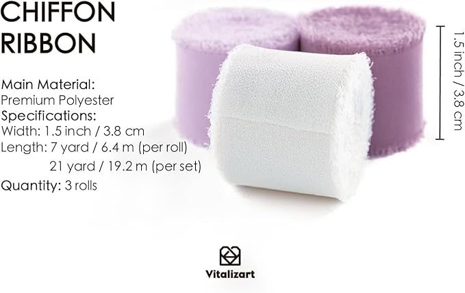 Vitalizart Chiffon Silk Ribbon Handmade Fringe 1.5" x 21 Yd Lavender Light Purple Lilac Frayed Edges Ribbons for Wedding Invitations Bridal Bouquets Gifts Wrapping Crafts Holiday Party Decorations