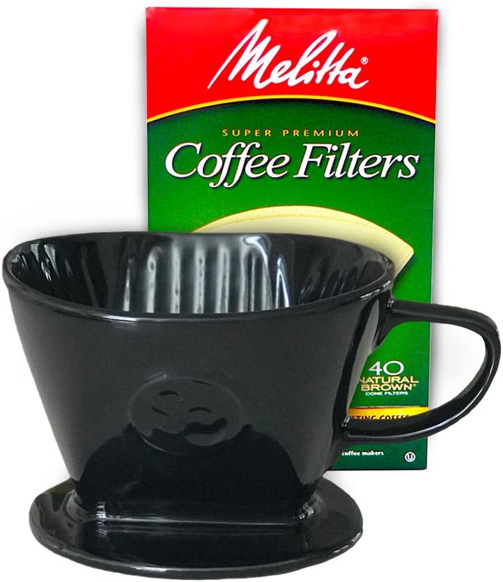 Simply Charmed Coffee Pour Over Single Cup Ceramic Brewer Coffee Maker with Melitta Filters (Black) 8-16 oz Depending on How Much Water/Grounds You