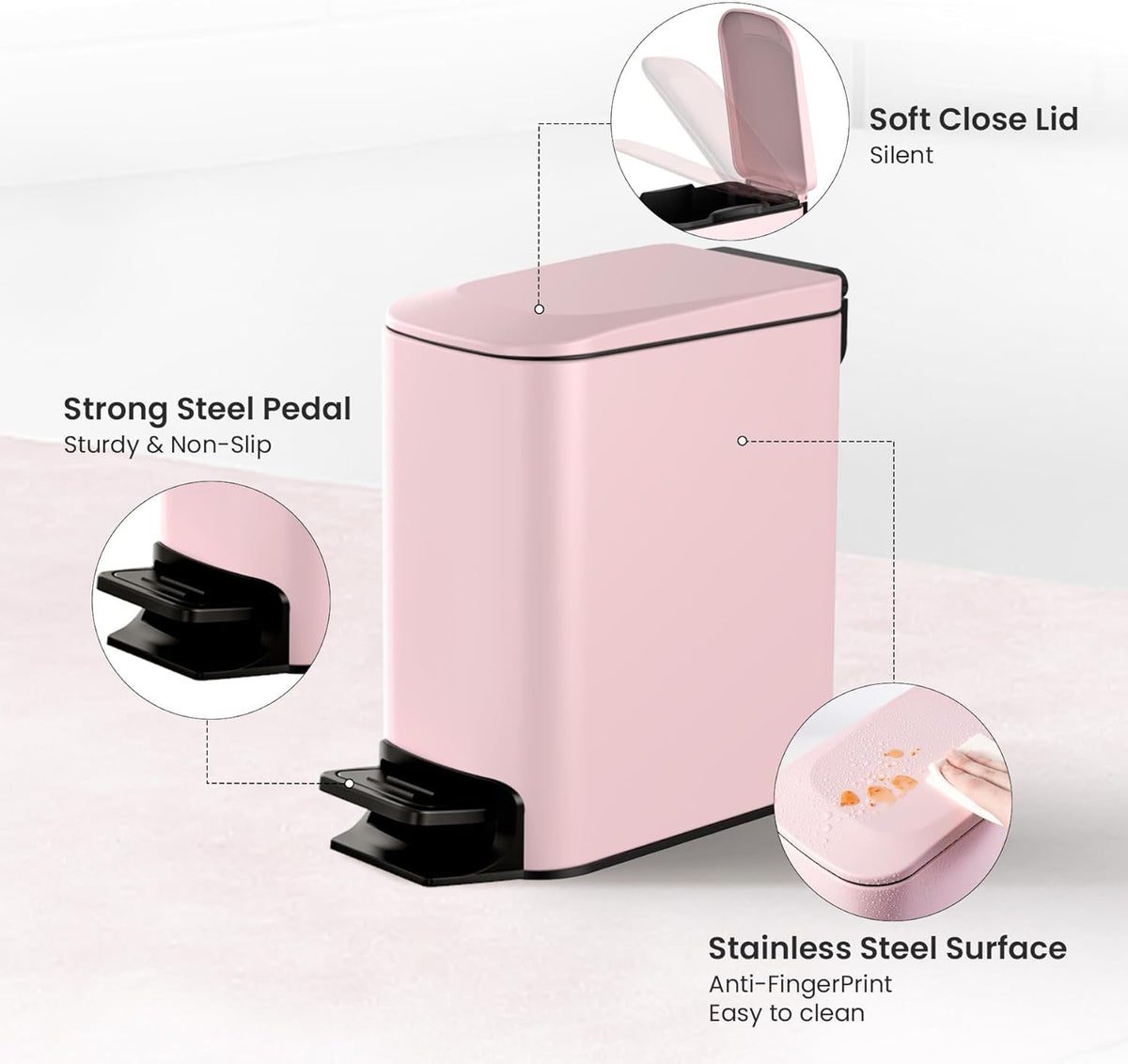 Cesun Small Bathroom Trash Can with Lid Soft Close, Step Pedal, 6 Liter / 1.6 Gallon Stainless Steel Garbage Can with Removable Inner Bucket, Anti-Fingerprint Finish (Pink)