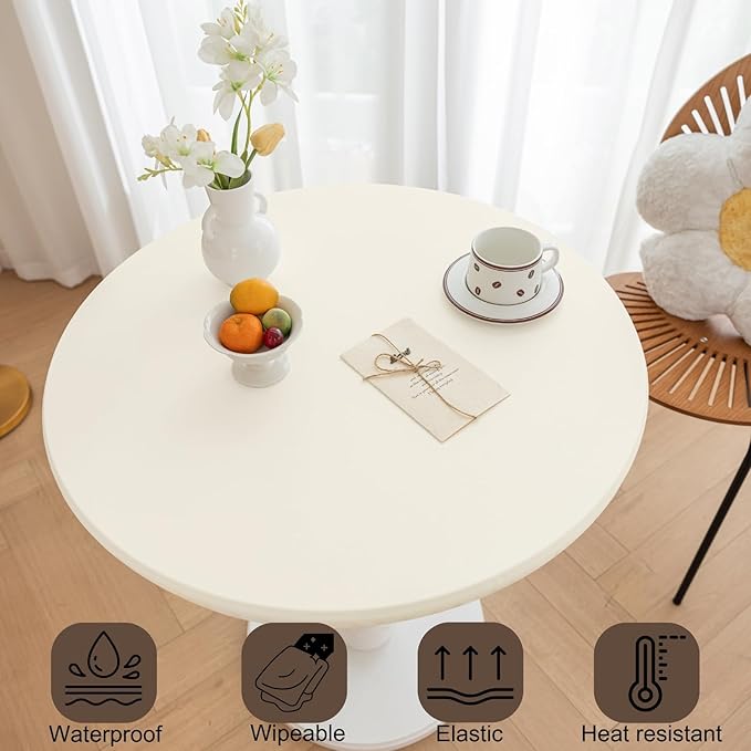Round Fitted PU Tablecloth with High Elastic Edge 39 Inch Dia Waterproof Oil Proof Table Cloth Anti-Scald Stain-Resistant Wipeable Table Cover for Indoor Outdoor Picnic (Cream,39" Dia)