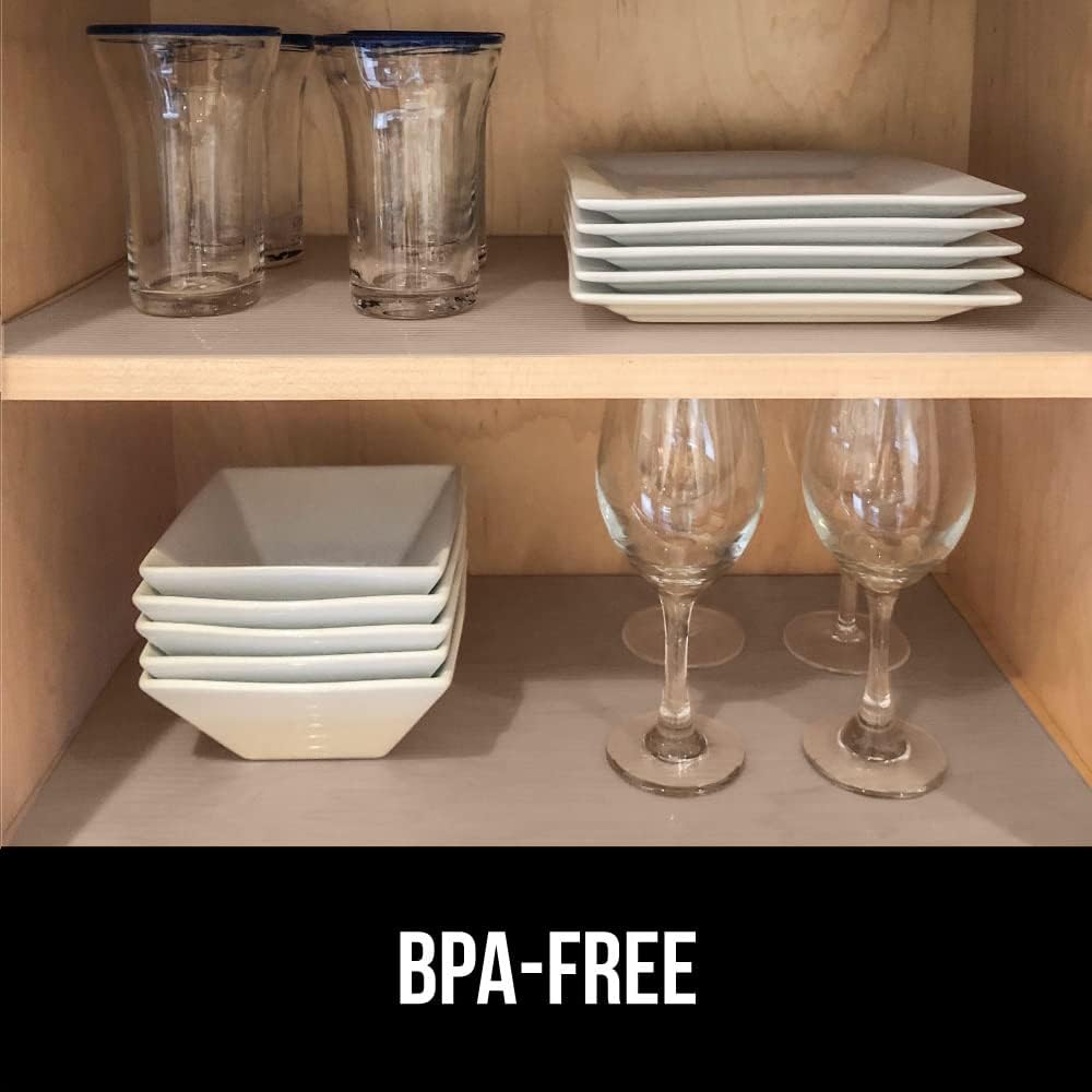 GORILLA GRIP DuraGuard Shelf Liner, Non-Adhesive Cabinet Liners for Kitchen Drawers, Shelves, Refrigerator, Pantry Storage, Bathroom Closet, Durable Waterproof BPA Free Ribbed Plastic, 12x20 Beige