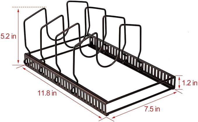 Toplife Pot Lids Organizer Rack for Cabinet and Countertop, 7+ Pan Lids and Bakeware Organizer Rack Holder with 7 Adjustable Compartments - Brown