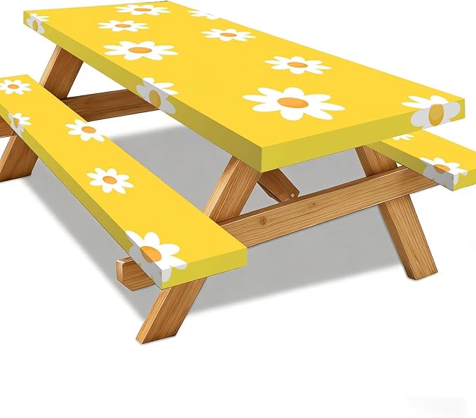 6FT Picnic Table Cover with Bench Covers Set Spring Daisy Decor Waterproof Windproof Camping Rectangle Tablecloths with Elastic Fitted Picnic Table Cover for Easter Spring Table Decor