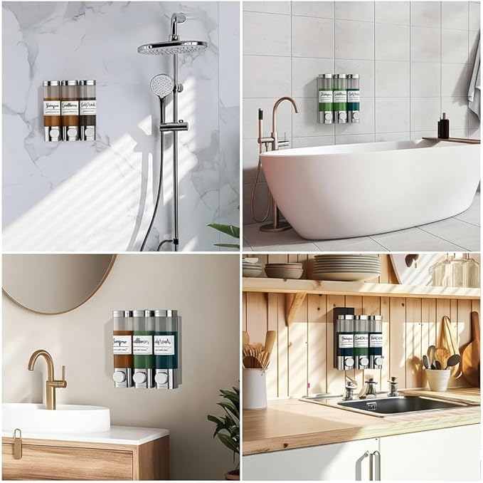 Soap Dispenser - 3 Chamber - 3x300ml - No Drill Wall Mount Bottles Organizer Toiletries for Cream Lotion Liquid Soaps Shampoo Conditioner Storage - Modern Essentials Bathroom Set - Silver 1