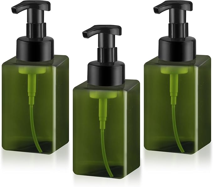 3 Pack Foaming Soap Dispenser Empty Plastic Foam Pump Bottle Refillable Foam Soap Bottle Dispenser for Shampoo Liquid Soap Face Wash (Green, 450ml/15oz)