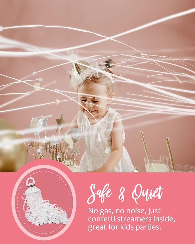 BATTIFE Streamers Poppers - Hand Throw Confetti Poppers, No Mess Paper Crackers for Birthday Wedding Party Celebrations, White, 16.4Ft/5M (10Pack)