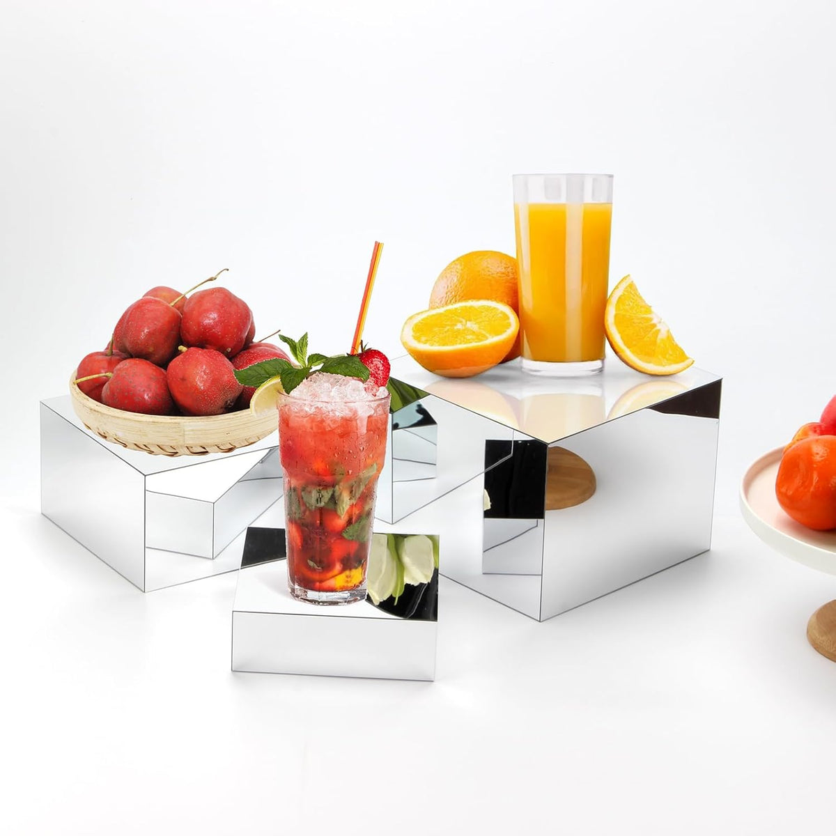 Acrylic Silver Mirror Display Riser, 3 Pcs Glossy Silver Risers for Display Food Display Lifter Nesting Display Risers Hollow Bottom