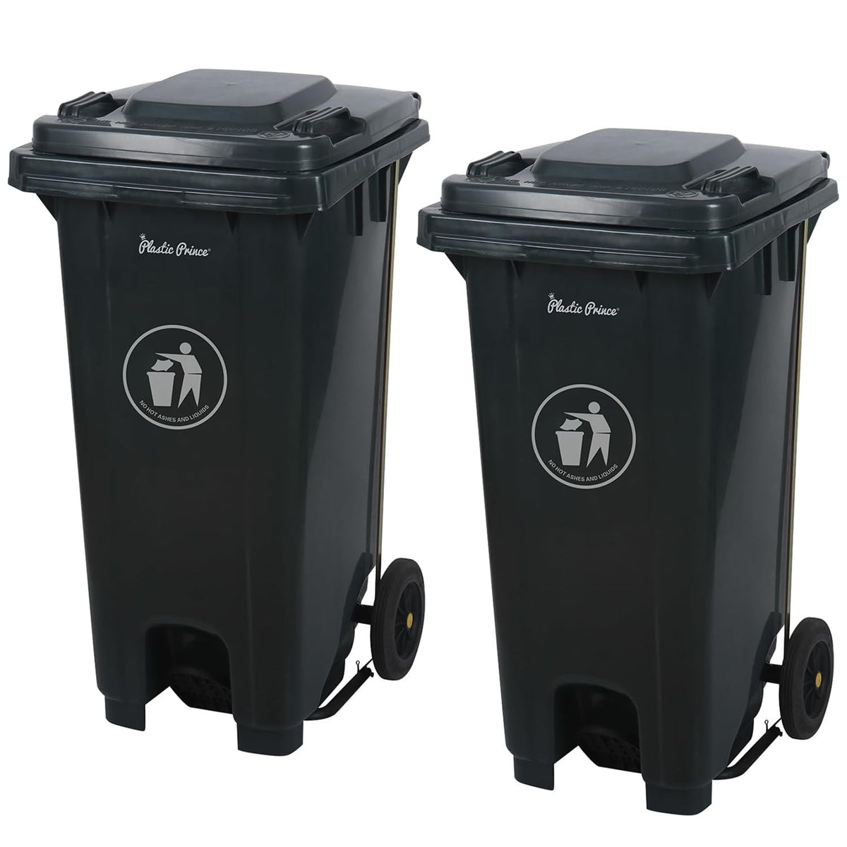 32 Gallon Step-On Large Outdoor Trash Can with Lid and Wheels - Outside Plastic Rolling Garbage Can - Rollout Commercial Heavy-Duty Container Barrel, Gray 2 Pack