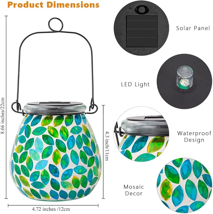 Starsoul 2 Pack Solar Lanterns Outdoor Waterproof, Unique Green Mosaic Glass Solar Garden Lights, Decorative Outdoor Lantern for Outside Patio Pathway Porch Yard Table