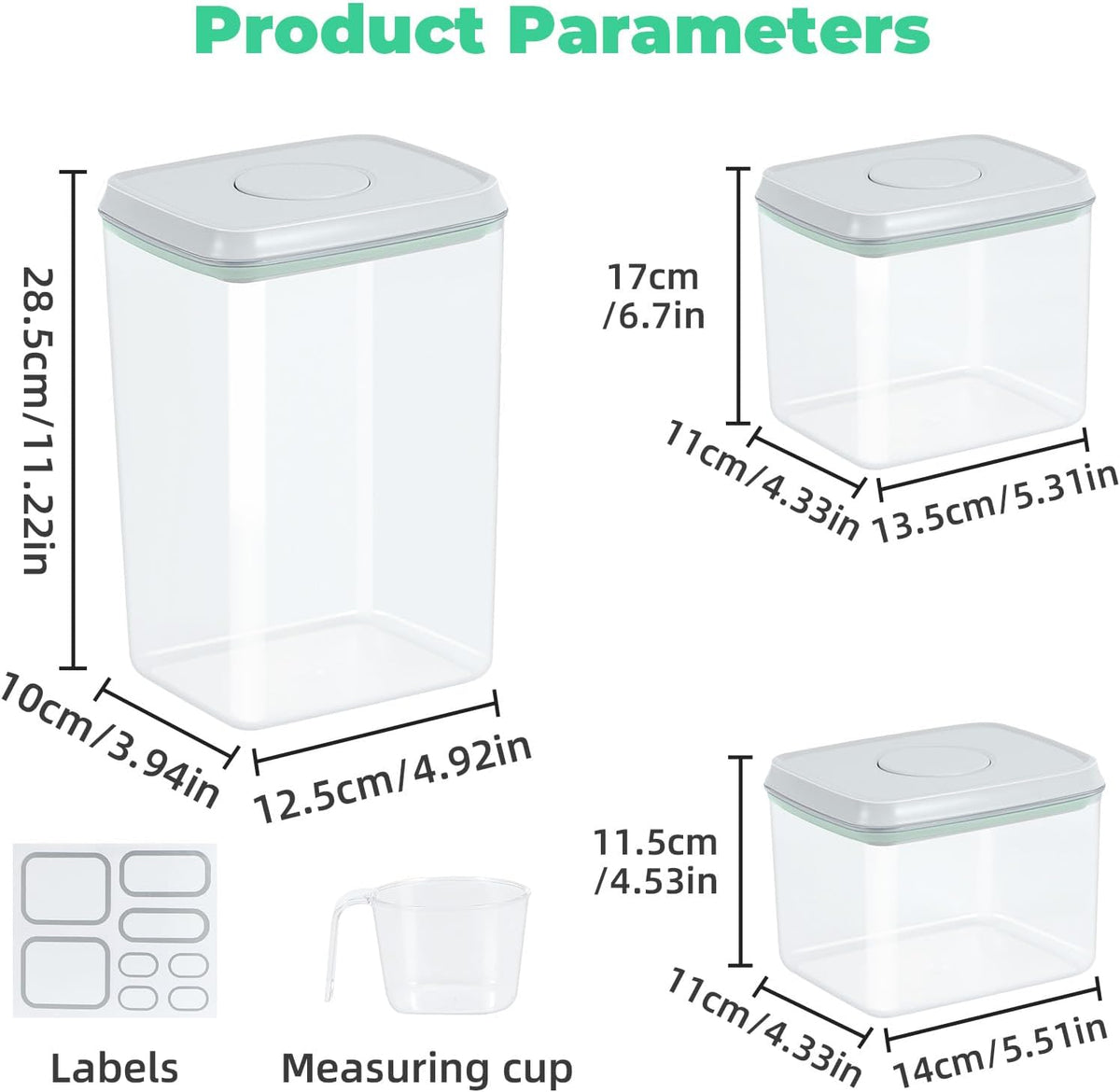 3 Pack Flour and Sugar Storage Containers with Pop-up Lid, 1.26Qt + 2.11Qt + 3.48Qt Food Storage Container for Rice, Spaghetti, Pasta, Nuts, Snack
