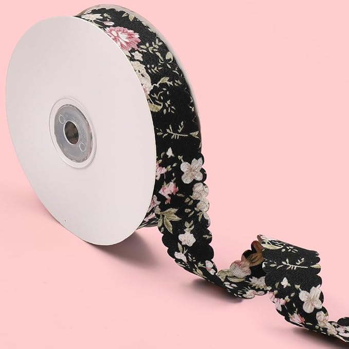 20 Yards Floral Print Ribbon Black Flower Pattern Ribbon Polyester Vintage Spring Summer Double Wavy Edge Fabric Ribbons Bulk with Spool for Sewing Making Crafts Bouquets Wreath Christmas