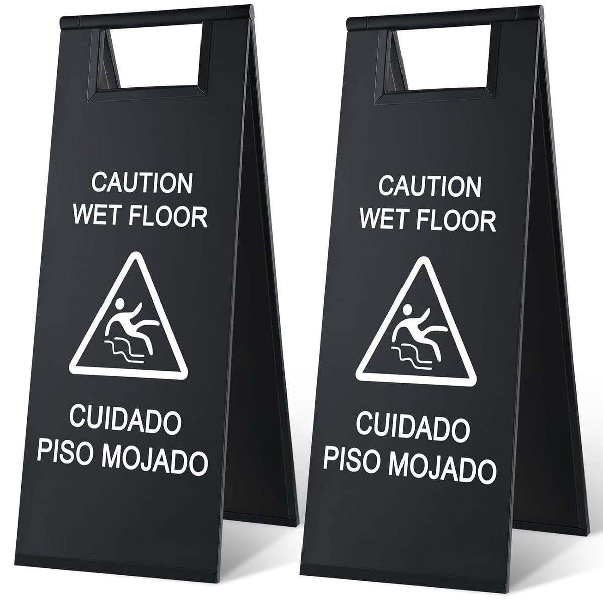 Kigley 2 Pcs Wet Floor Sign, 24 Inch Stainless Steel Caution Wet Floor Sign Double Sided Portable Foldable Bilingual Safety Warning for Hotel Market Restroom Restaurant Office (Black)