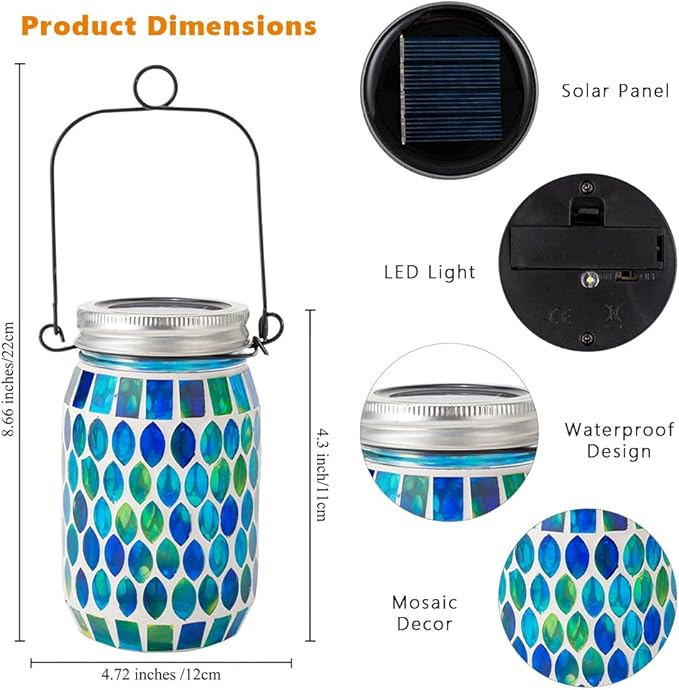 Starsoul Solar Lanterns Outdoor Waterproof, Decorative Teal Mosaic Glass Outdoor Lantern, Hanging Solar Garden Lights for Outside Pathway Patio Porch Yard Table, Gifts for Women Mom Grandma