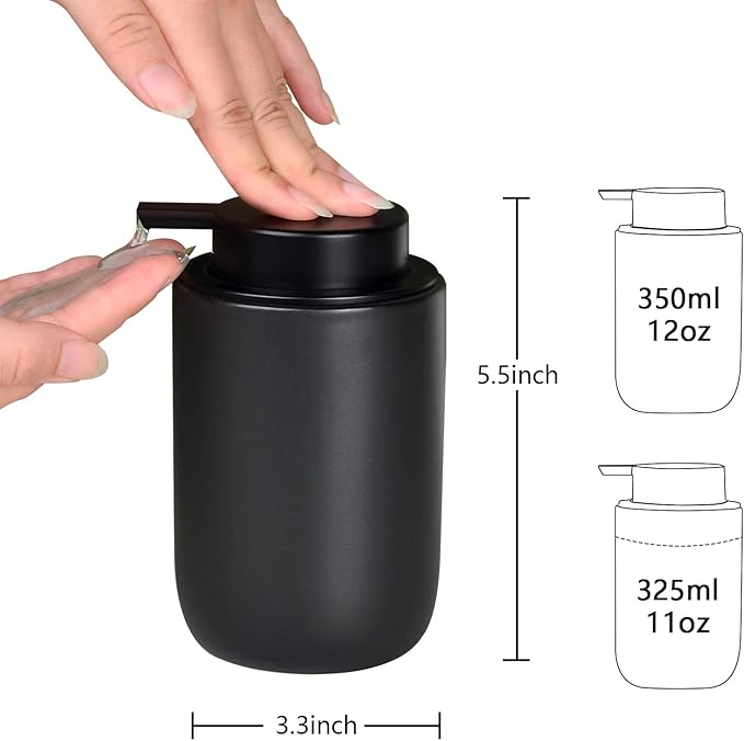 BosilunLife Black Soap Dispenser Set - 2 Pack 12oz Ceramic Dish Soap Dispenser with Rust Proof Pump for Kitchen, Hand Soap and Lotion Set Suitable for Farmhouse Bathroom Decor with Waterproof Labels