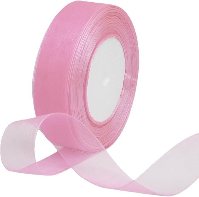 1 Inch 50 Yards Sheer Organza Ribbon Chiffon Ribbon for Gift Wrapping Wedding Bouquet Crafts (Pink)