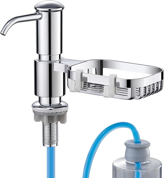 Sink Soap Dispenser with Sponge Holder, Built in Soap Dispensers for Kitchen Sink, Countertop Kitchen Sink Soap Dispenser with 39" Extension Tube Kit ABS Plastic, No More Refills, Chrome