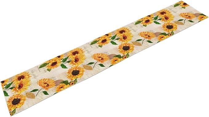 Retro Sunflower Table Runner, Vintage Newspaper Sunflower Blossoms Rustic Farmhouse Flower Table Cover for Kitchen Dinning Party Holidays Decor, 13x36inch