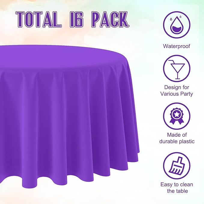 Ragnhild 16 Pack Purple Plastic Tablecloth for Round Tables, Premium Decorative Purple Disposable Table Cloths for Parties, Bulk Round Party Table Cover for Birthday Anniversary Graduation, 84 Inch