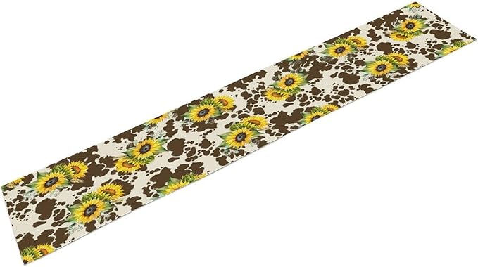 Cow Print Table Runner, Brown Sunflower Cow Print Animal Fur Skin Rustic Cowhide Pattern Table Runner for Kitchen Farmhouse Dining Home Outdoor 13x60in